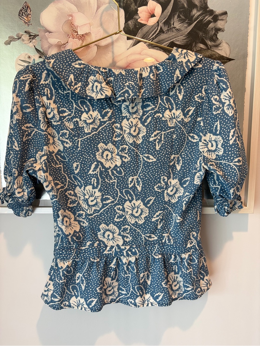 PAIGE Cayenne Blue Floral Ruffle Peplum Blouse Size Small - Picture 3 of 7